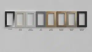 Eight Control4 Lux metal faceplate finishes shown side by side